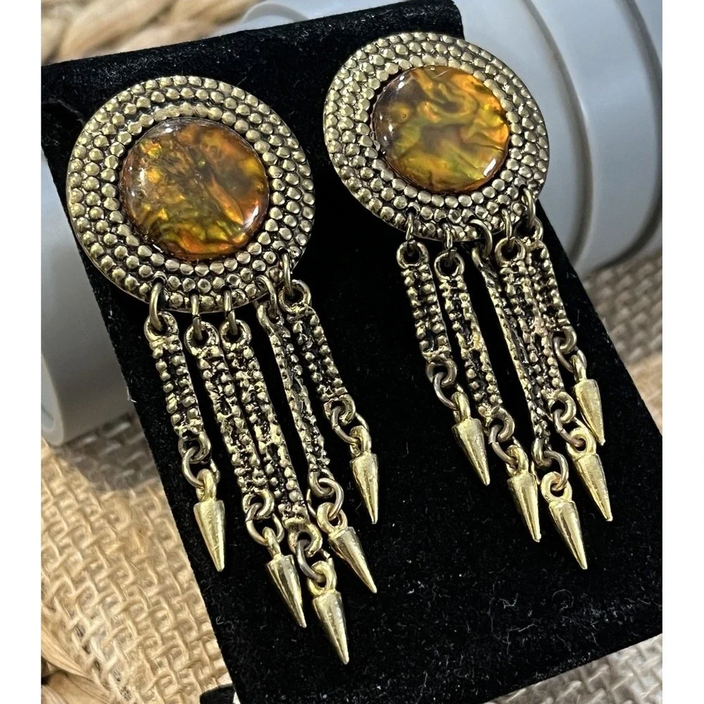 VTG Peacock Glass Chandelier Earrings Boho Chic Fairycore Old World Tribal